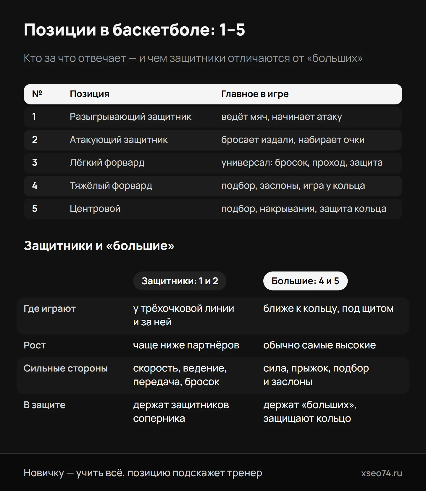 Инфографика: пять позиций в баскетболе по номерам и главная задача каждой, а также чем защитники отличаются от «больших»: где играют, рост, умения