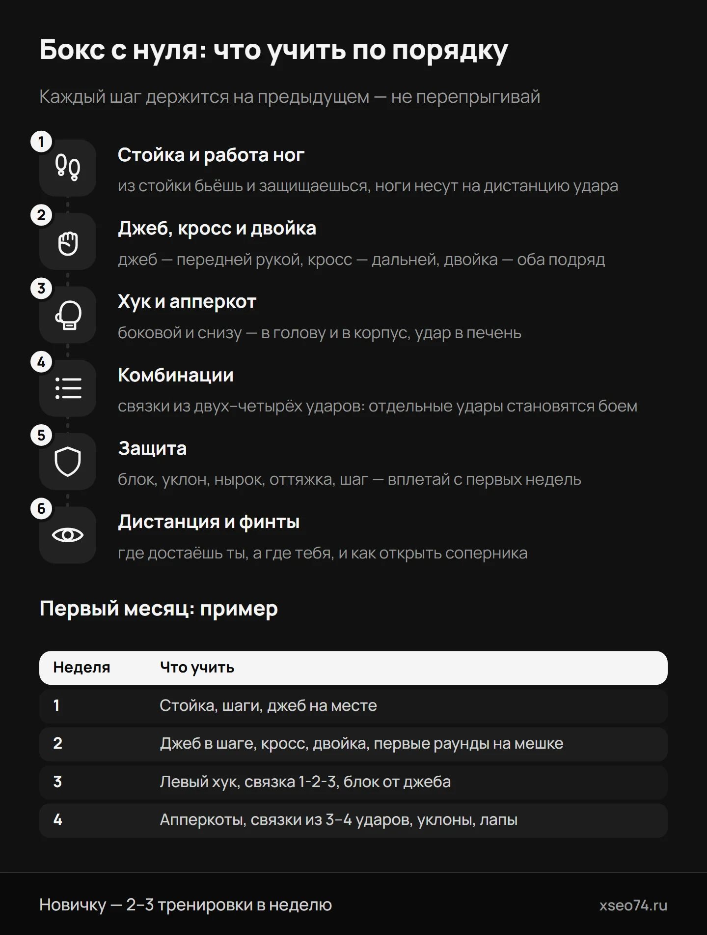 Инфографика: путь новичка в боксе — шесть шагов от стойки и работы ног до дистанции и финтов и пример плана на первый месяц по неделям