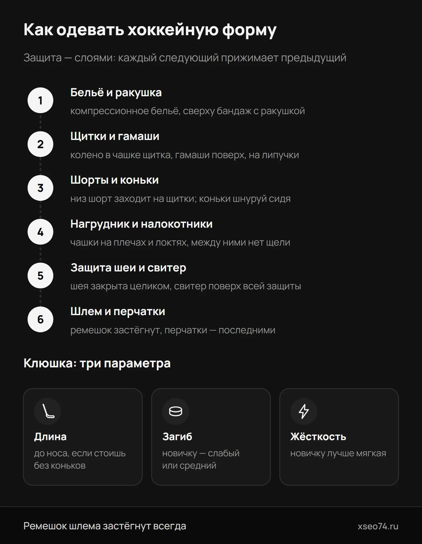 Инфографика: как одевать хоккейную форму по порядку — от белья и ракушки до шлема и перчаток — и три параметра клюшки: длина, загиб и жёсткость