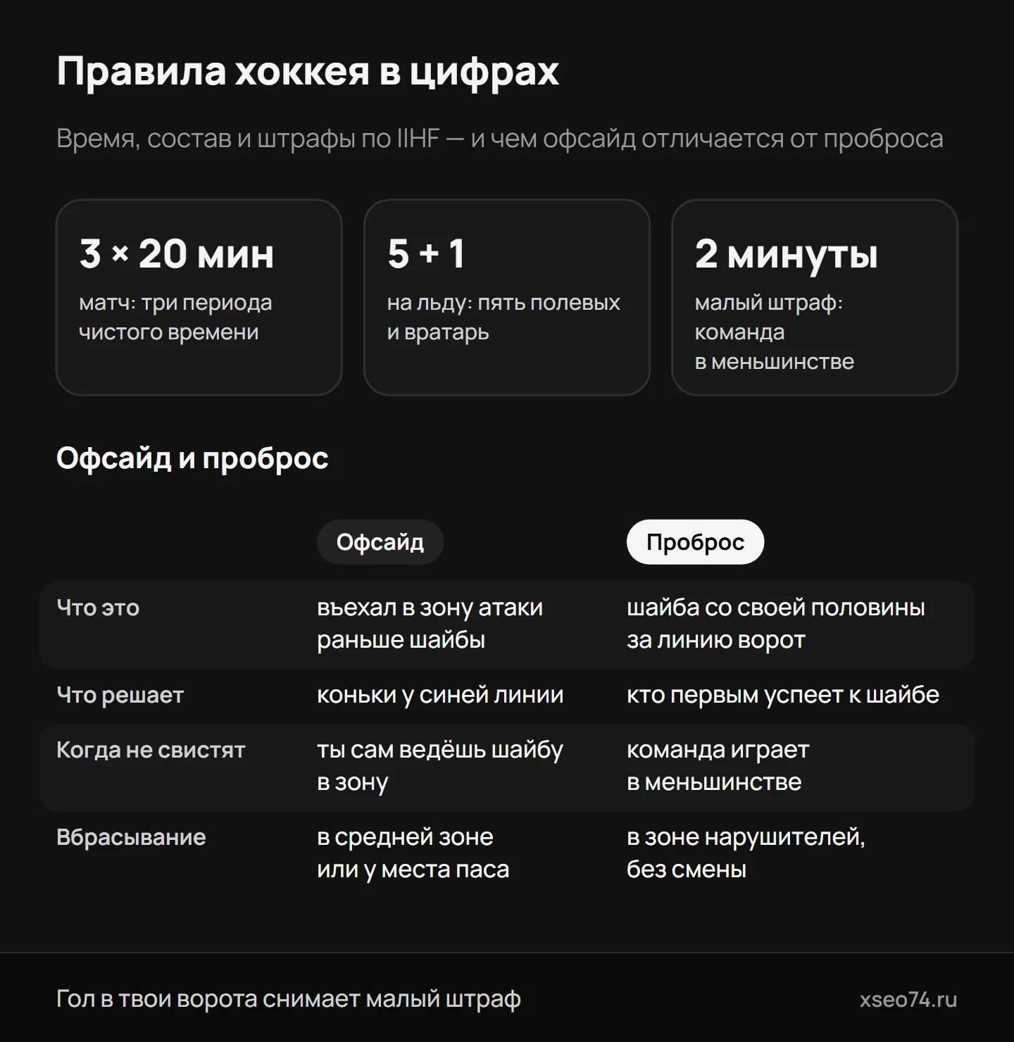 Инфографика: правила хоккея в цифрах — длина матча, состав на льду, малый штраф — и чем офсайд отличается от проброса: что это, когда свистят и где вбрасывание