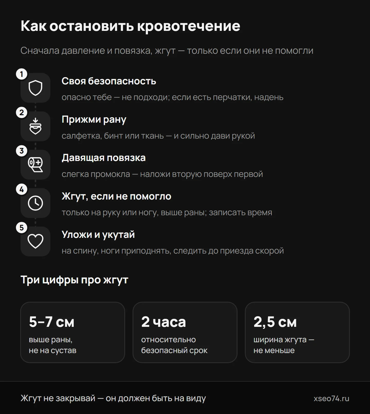 Инфографика: как остановить кровотечение по шагам — безопасность и перчатки, прямое давление, давящая повязка, жгут на 5–7 см выше раны с запиской о времени, положение лёжа с поднятыми ногами
