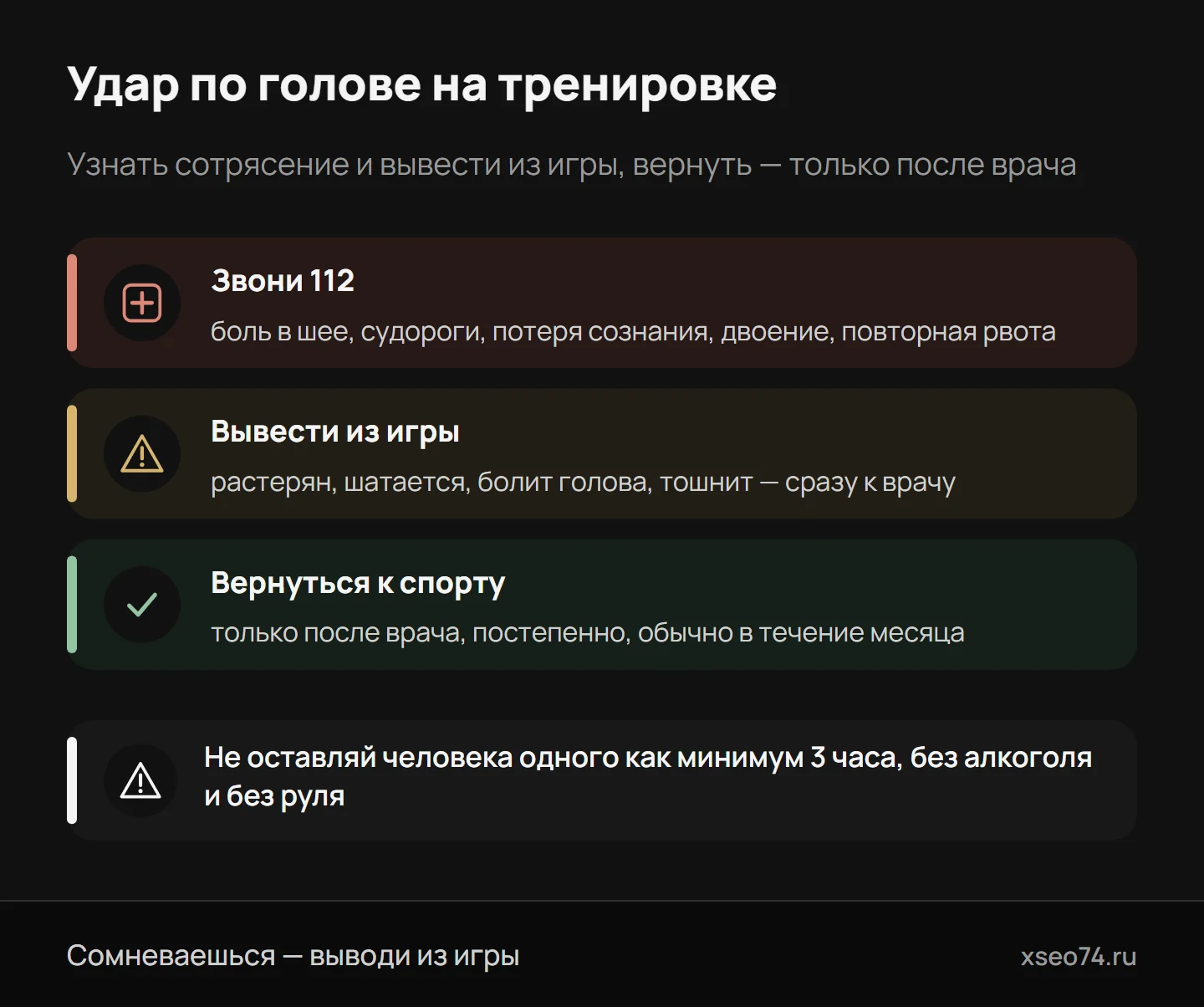 Инфографика: сотрясение на тренировке — красные флаги, когда звонить 112; признаки, при которых выводят из игры и ведут к врачу; не оставлять одного 3 часа; возвращаться только после врача